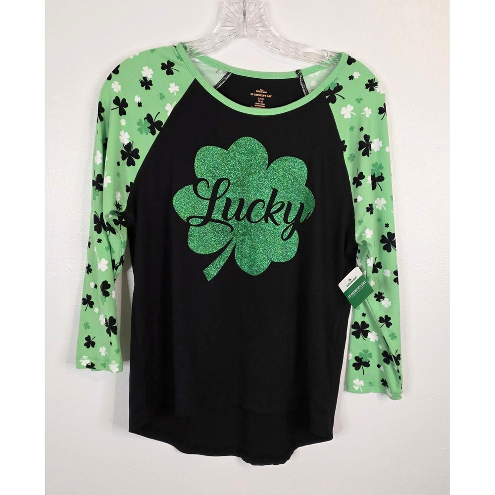 Celebrate St Patricks Day Lucky Shamrock Raglan Shirt Green Black Small NWT